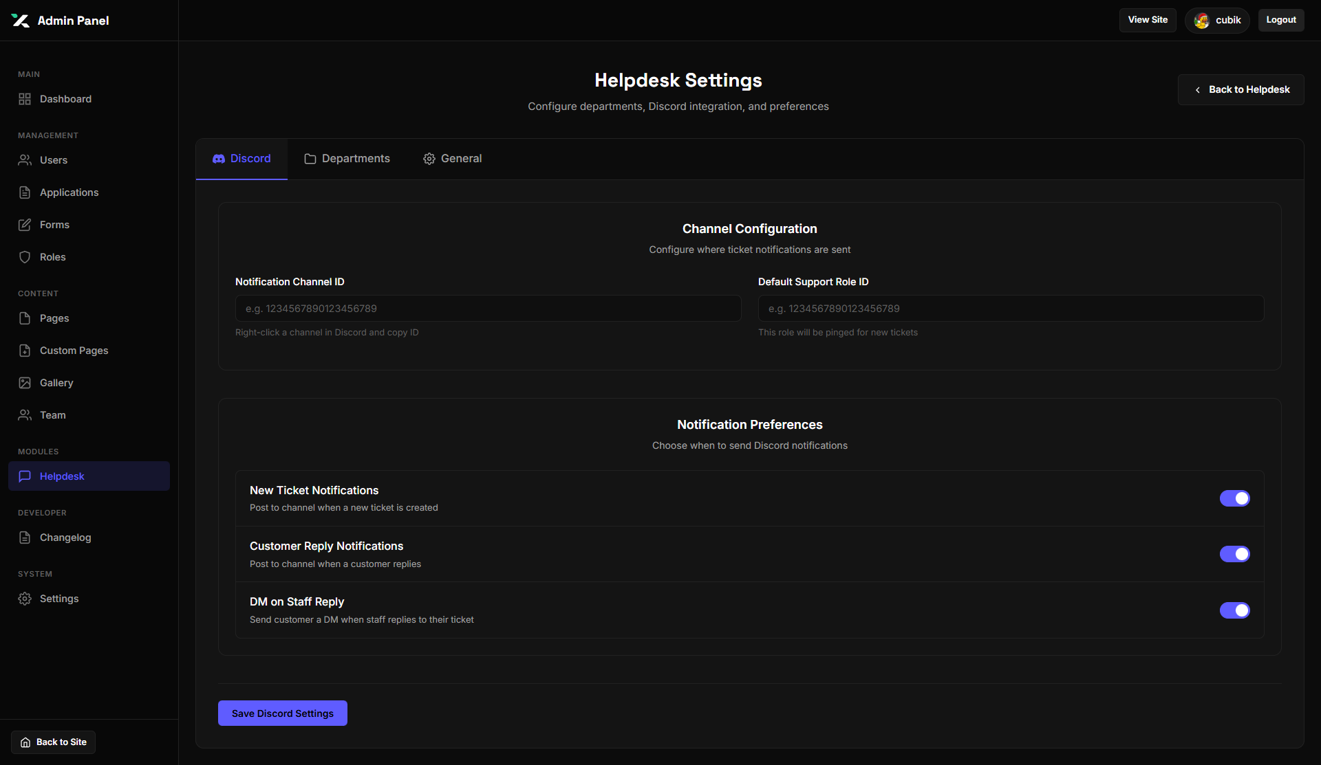 Helpdesk Settings